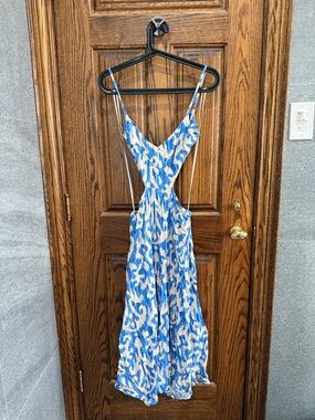 Blue and White Printed Maxi Dress with Spaghetti Straps